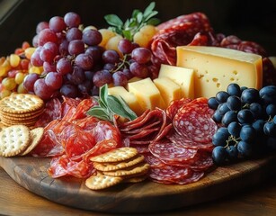 Close-up of an appetizing charcuterie board with sliced salami, cheese wedges, red and black grapes, crackers, and fresh herbs on a wooden surface
