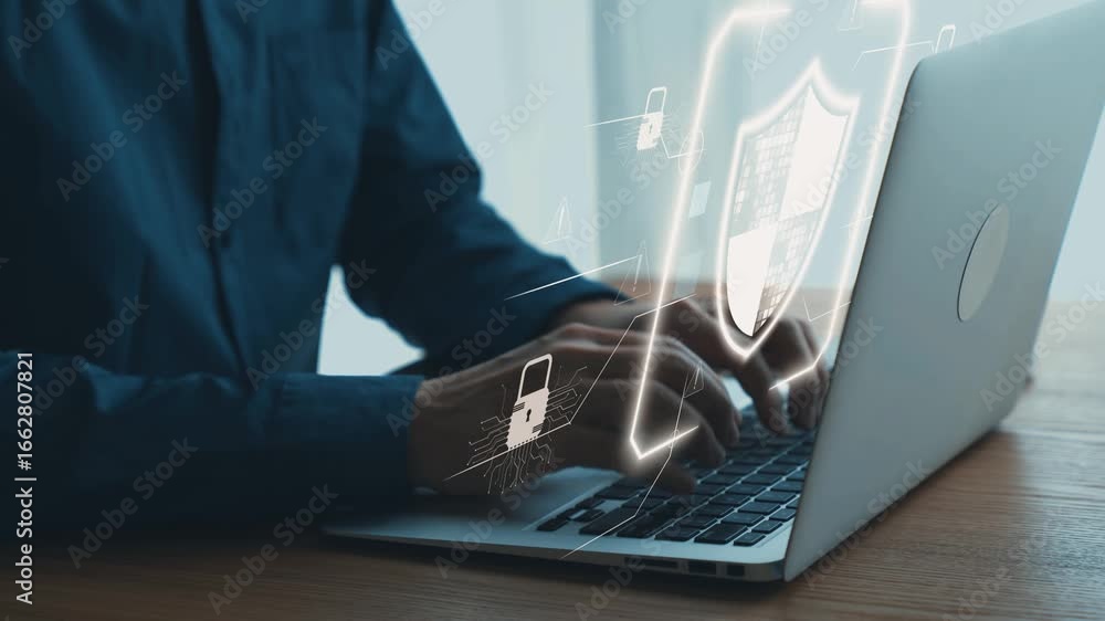 Poster hands typing on laptop with digital security icons representing online protection and cybersecurity 
