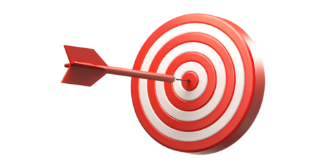Red and White Dartboard with Arrow in Bullseye target isolated on a transparent background