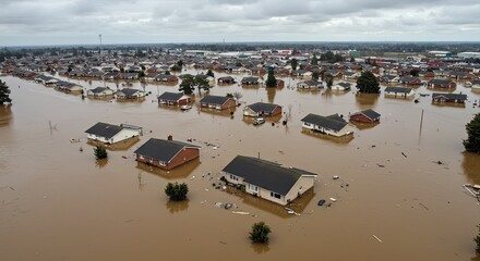 Aerial view of devastating floodwaters engulfing suburban homes, showcasing the impact of climate change and the urgency of disaster relief, conveying resilience and community spirit