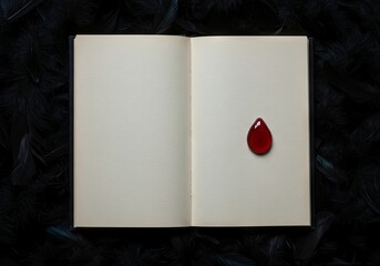 Open book with red drop on page surrounded by feathers