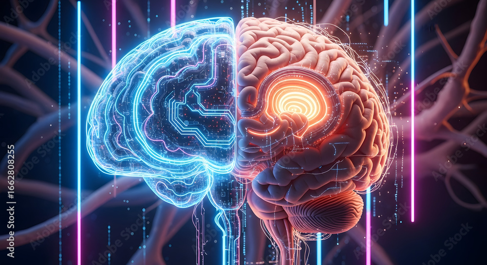 Poster human brain dual representation: a fusion of biological anatomy and futuristic digital circuitry for