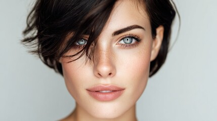 Naklejka premium A close-up portrait of a beautiful woman with short, tousled brown hair. The image conveys natural beauty, confidence, and a sensual yet edgy style captured with soft, dramatic light.