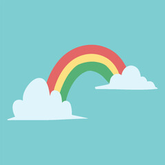 Cartoon Rainbow with Clouds on Blue Sky
