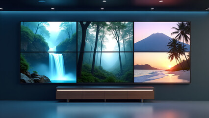 Fototapeta premium Multimedia Video Wall Displaying Nature Wallpapers in Modern High-Tech Interior