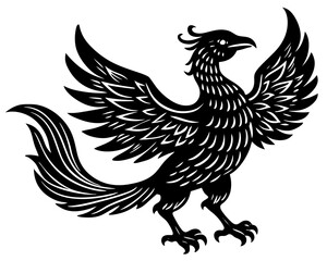 Fototapeta premium Phoenix Bird Silhouette Linocut, Mythical Fire Vector Art