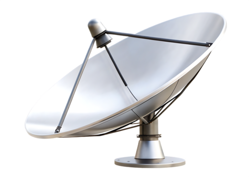 Silver satellite dish antenna with transparent background communication technology isolated on a transparent background