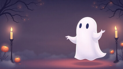 Spooky season's greetings with a cute friendly ghost, candles, and pumpkins for a festive Halloween night