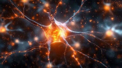 Close-up view of a glowing neuron with bright orange synapses and dendrites transmitting signals in a dark environment