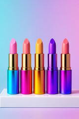 Obraz premium Five colorful lipsticks arranged in a row makeup beauty
