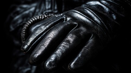 Obraz premium Gloved hand lies atop dark, textured leather
