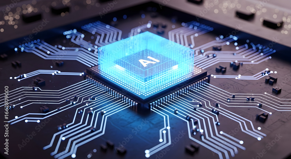 Poster the luminescent heart of innovation: a glowing microchip illuminated by artificial intelligence at t