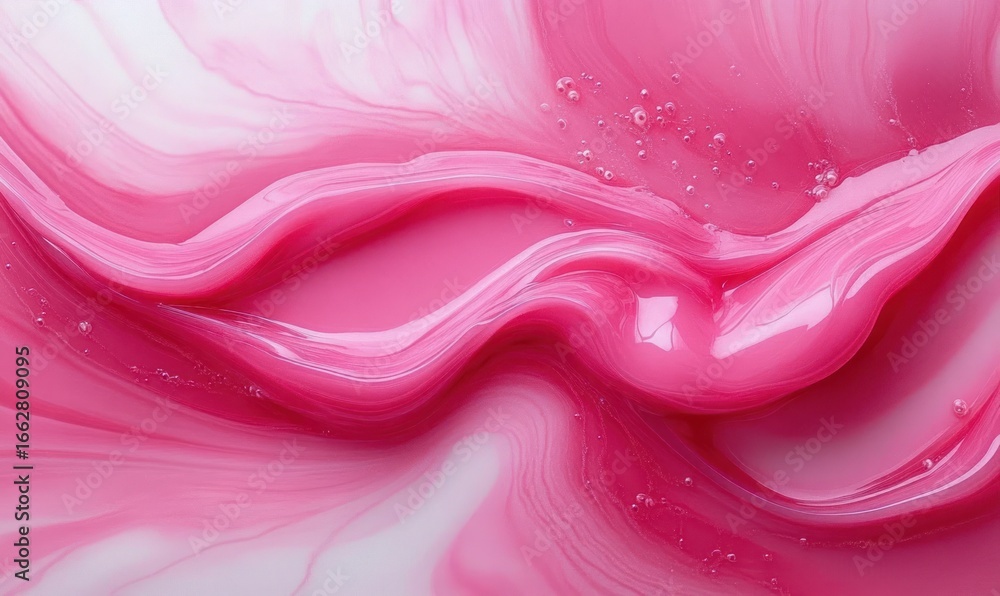 Poster close-up of flowing and swirling glossy pink and white liquid creating smooth waves and small bubble