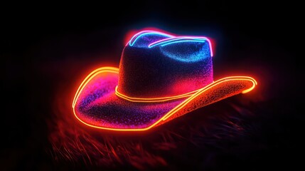 A glowing cowboy hat outlined with neon lights in vibrant blue, pink, and orange colors resting against a dark background, evoking a futuristic and stylish vibe