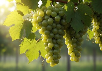 Clusters of green grapes hanging from the vine leaves