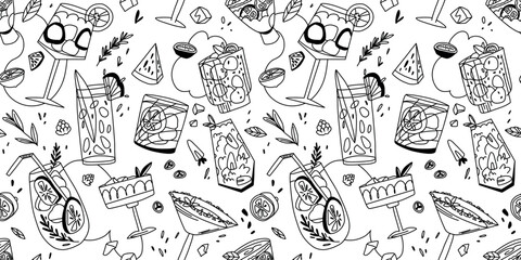 Fototapeta premium Cocktail summer pattern for coloring, seamless beach party in black outline, glasses with mocktails
