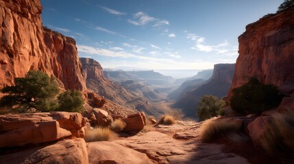 A dramatic canyon hiking trail with steep cliffs on both sides