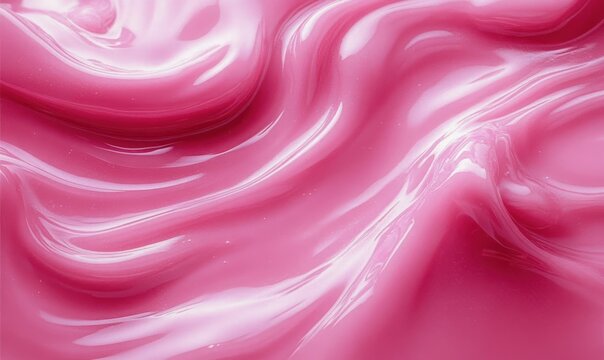 Close-up of smooth, glossy, and creamy pink slime with soft folds and reflective surfaces creating a fluid and shiny texture