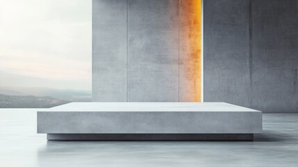 Minimalist modern concrete platform bed in spacious room with gray textured walls and soft natural light through large window showing distant mountains