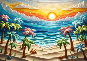 Vibrant stylized beach scene with numerous palm trees, ocean waves, sandy shore, and a colorful sunset.