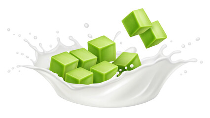 Refreshing Aloe Vera Cubes Splashing into Creamy Milk A Delicious and Healthy Combination for Summer Beverage Promotions