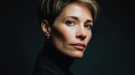 Fototapeta premium Female with short blonde hair and blue eyes looking at camera. Confident look that demonstrates inner strength and determination.