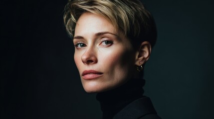Fototapeta premium Female with short blonde hair and blue eyes looking at camera. Confident look that demonstrates inner strength and determination.