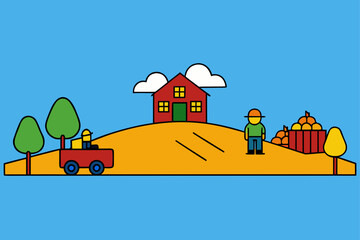 Farm landscape during autumn with pilgrims on a hayride vector illustration