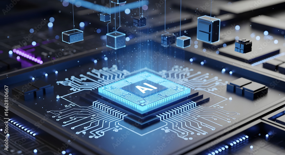 Fototapete envisioning the future of technology: a captivating portrayal of an ai-powered processor, illuminati