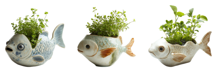 Set of Green Plants in Ceramic Fish Shaped Pots Isolated on Transparent Background