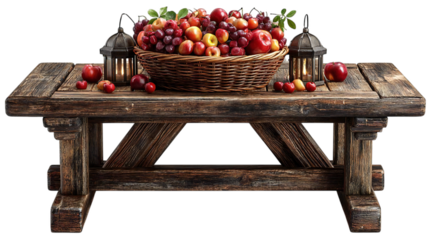 Rustic wooden table adorned with a bountiful basket overflowing with fresh fruits and vintage lanterns, evoking warm, inviting harvest vibes