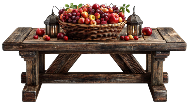 Rustic wooden table adorned with a bountiful basket overflowing with fresh fruits and vintage lanterns, evoking warm, inviting harvest vibes