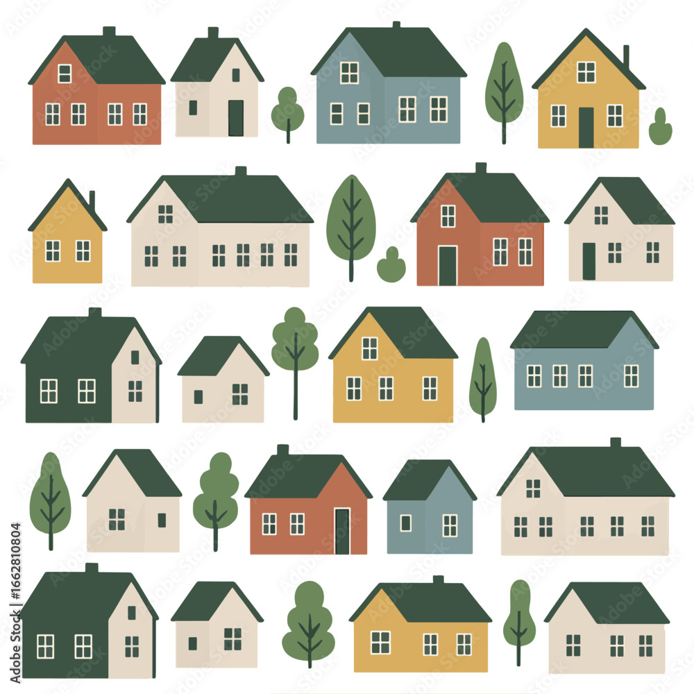 Poster flat design various color residential house with tree seamless pattern design