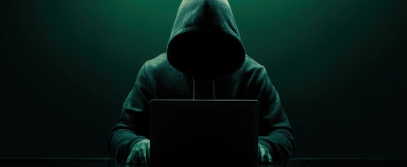 The hooded figure operating a laptop in a dark, mysterious environment.