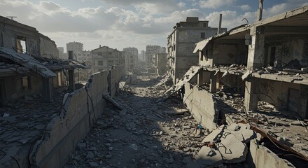 Haunting scene of urban devastation with crumbling buildings and rubble-strewn streets, evoking feelings of loss and resilience in the face of destruction offering a powerful visual narrative