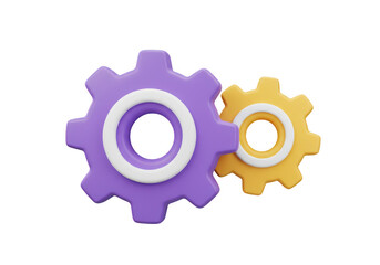 Obraz premium Two colorful gears, purple and yellow, meshed together, symbolizing teamwork and mechanical operation, isolated on transparent background