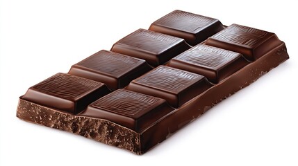 Obraz premium Shiny dark chocolate bar with eight divided squares, resting on a white surface