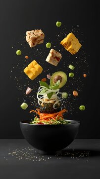 Surreal Floating Vegan Poke Bowl with Hyper-Realistic Artistic Food Styling.