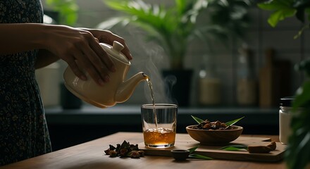 Woman pouring herbal tea into glass cup on table indoor