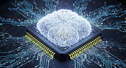 A computational brain: visualizing artificial intelligence through a digital network with a neural circuit and a processor representing advanced learning and technological prowess embedded within a