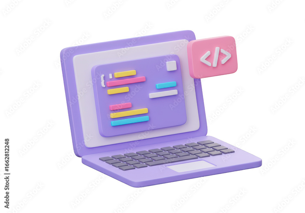 Fototapete 3d illustration of a purple laptop displaying code on screen with a pink coding icon, isolated on tr
