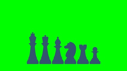 Chess pieces. King, queen, bishop, pawn, horse, knight, rook. Icons set. Board game. Black silhouettes. Chess pieces fall from above. Outline set of chess icon. 2d flat animation. Alpha channel - Powered by Adobe