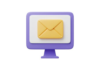 3d illustration of a purple computer monitor displaying a yellow email envelope icon, isolated on transparent background