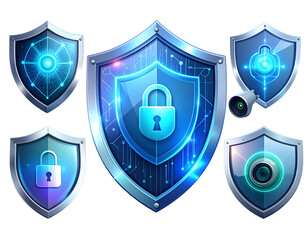 Robust digital defense symbols set, illustrating various aspects of online privacy and data protection solutions for secure environments