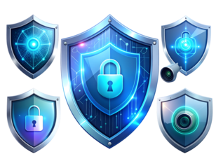 Robust digital defense symbols set, illustrating various aspects of online privacy and data protection solutions for secure environments