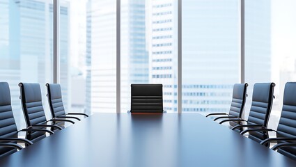 Empty conference room with modern chairs and table reflecting city view outside the window