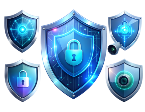 Robust digital defense symbols set, illustrating various aspects of online privacy and data protection solutions for secure environments