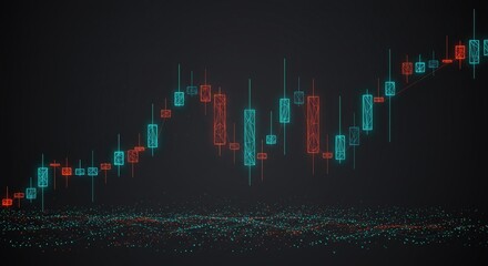 Japanese candlesticks made of dots and lines on dark gray background, symbolizing stock market and investment in low-poly 3D wireframe vector style.
