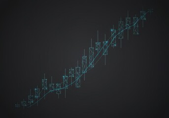 Japanese candlesticks made of dots and lines on dark gray background, symbolizing stock market and investment in low-poly 3D wireframe vector style.
