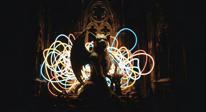 Dark Gothic Angel Statue Illuminated by Colorful Neon Lights.